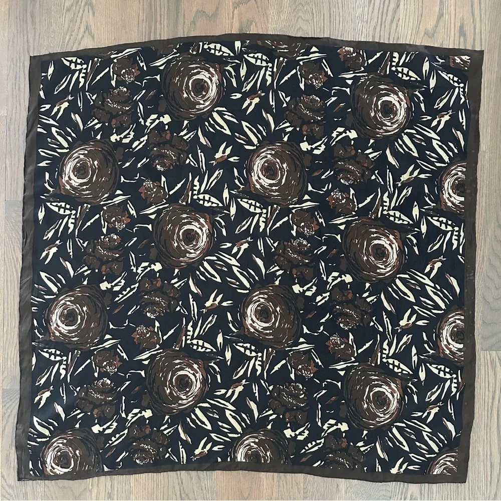 Lisa Corti Floral Abstract Printed 100% Silk Scarf Brown, Black, Cream 32.5